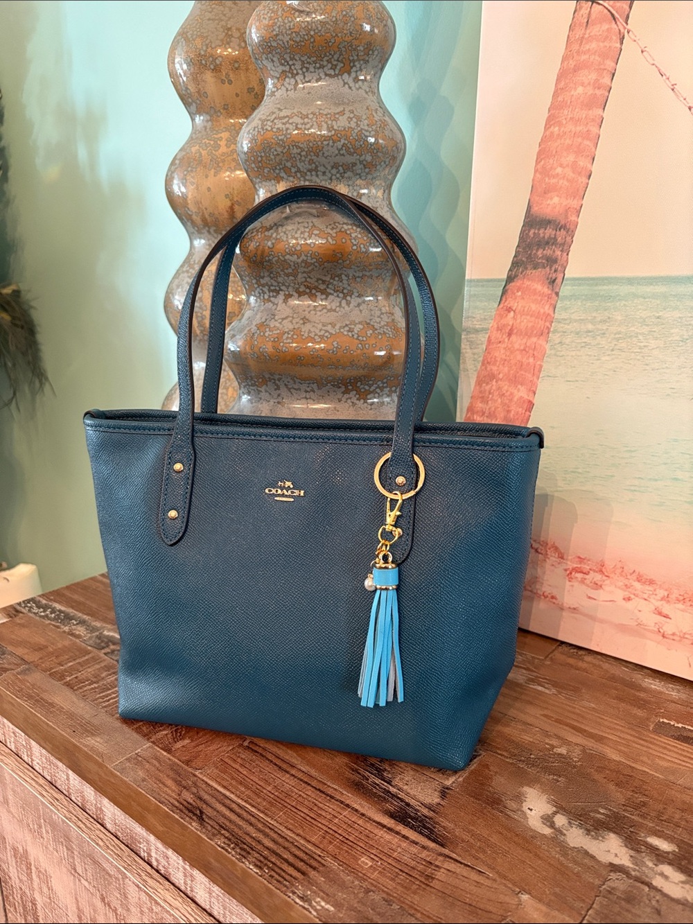 Coach Teal Leather Tote with Light Blue Tassel Charm beautiful